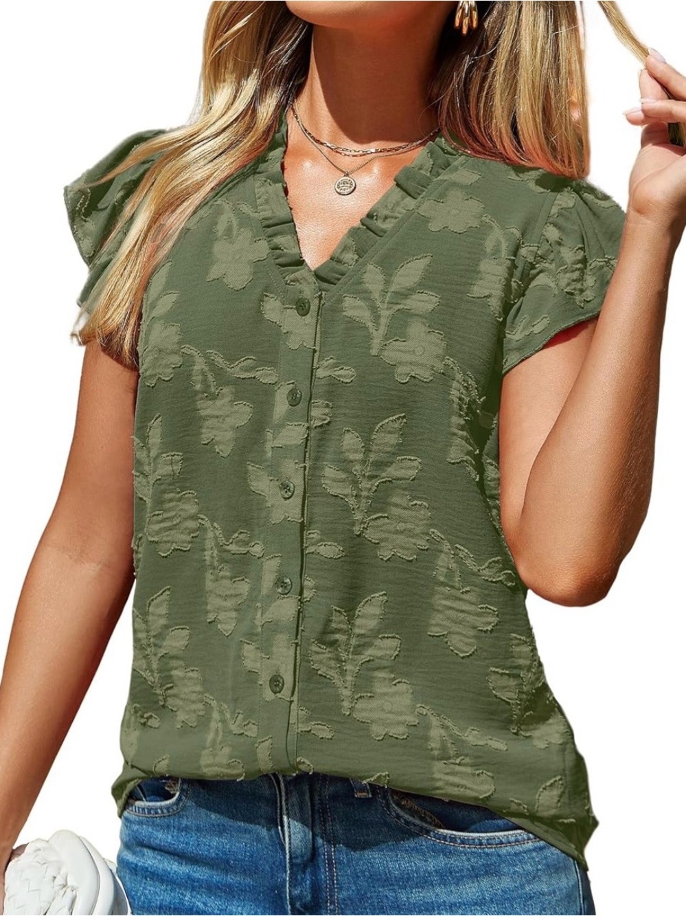 Green Floral Jacquard Button-Front Women’s Top Size M